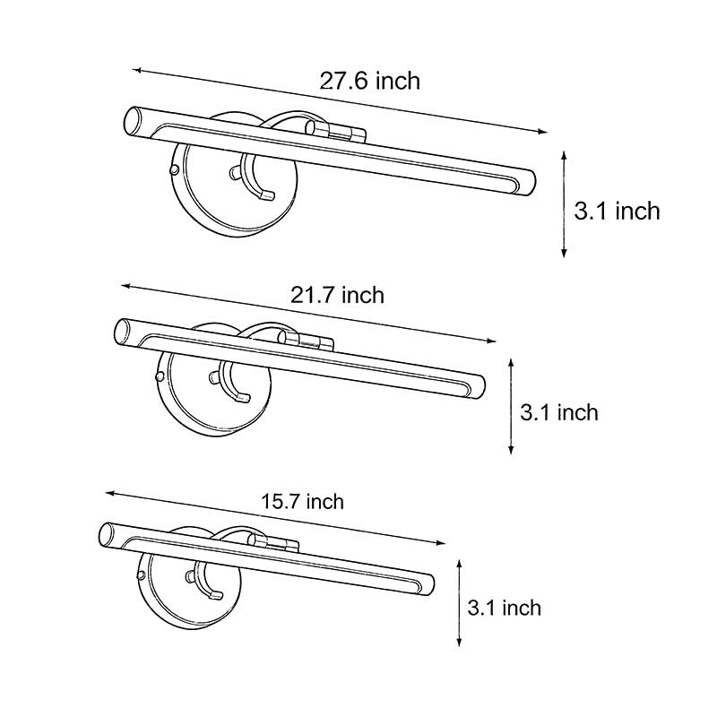 Three product size diagrams for bathroom vanity strip lights.