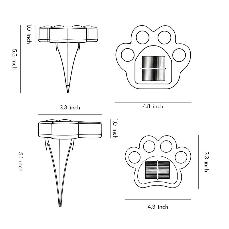 Four product dimension diagrams of animal paw step stairs light.