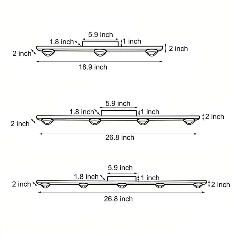 Three product dimension diagrams for surface mounted spot light.