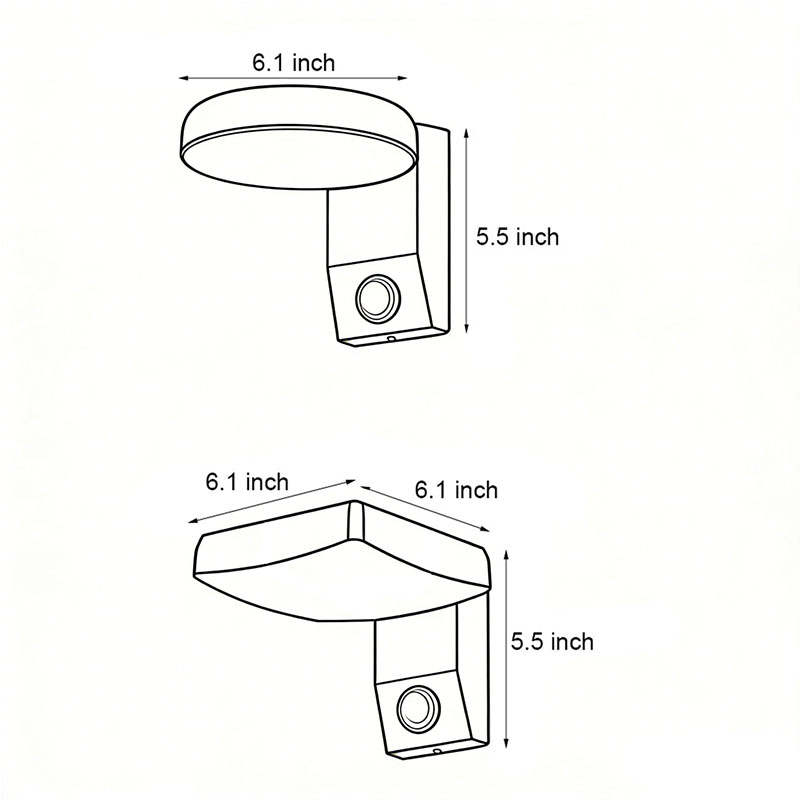 Two product dimension diagrams of outdoor wall lights with motion sensors.
