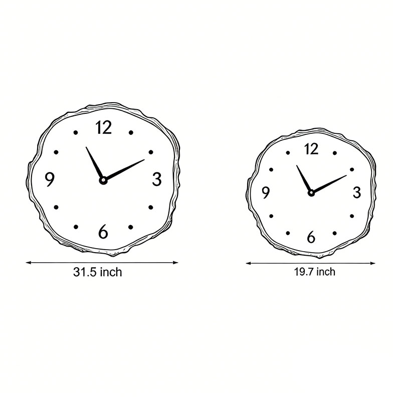 Two product dimension diagrams for tree stump wall clocks.
