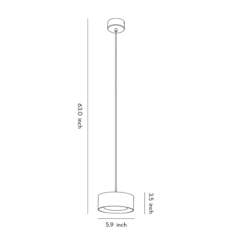 Product dimensions diagram for modern mini pendant light fixtures 5.9inch*3.5inch*63.0inch.