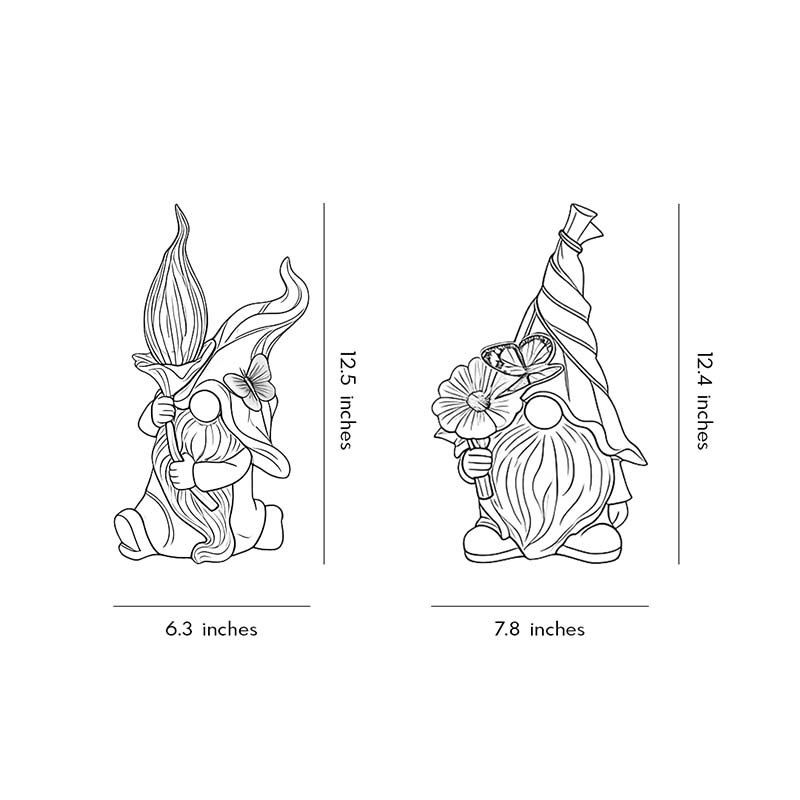 Product dimension diagrams of two types of solar gnomes garden lights.