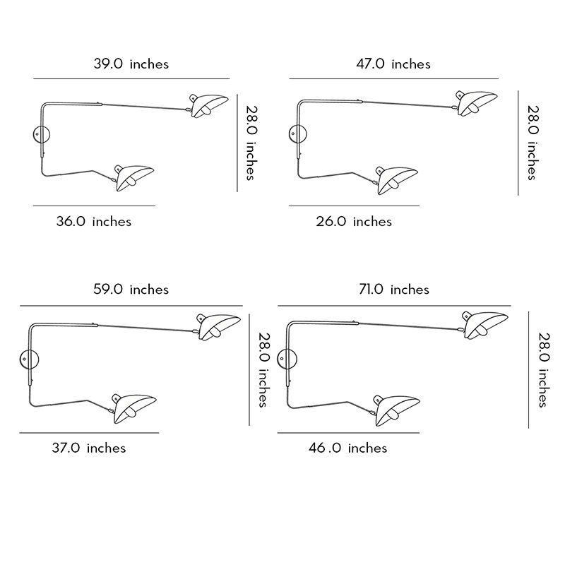 Four dimension drawings of the double arm wall sconce.