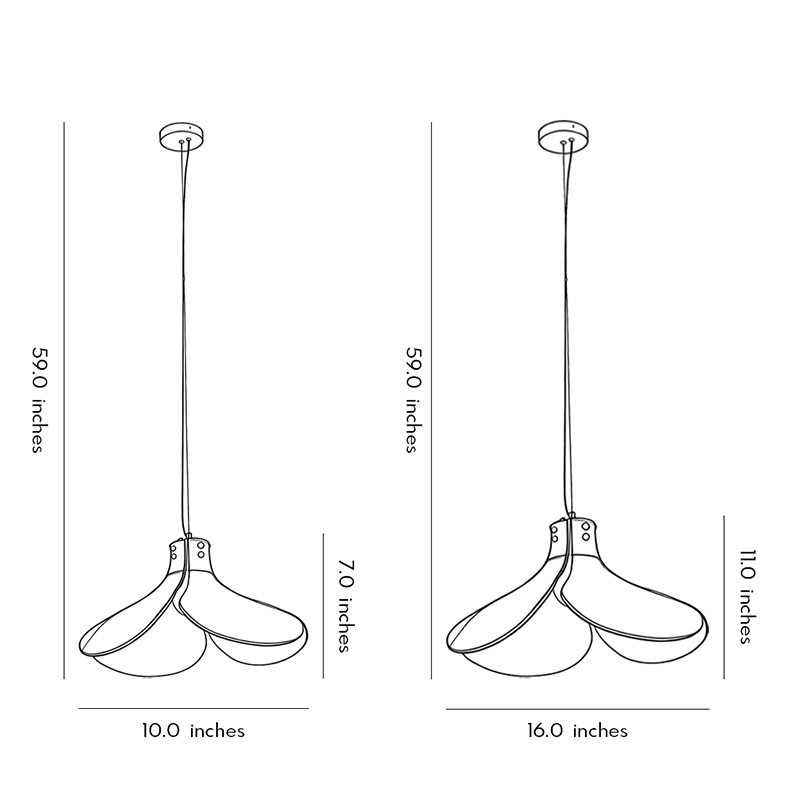 Two size diagrams for the amber glass pendant light.