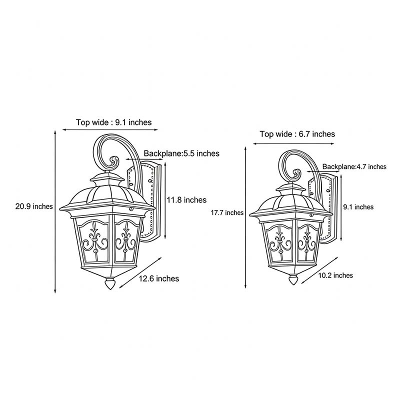 Dimension diagrams of two contemporary outdoor wall light products.