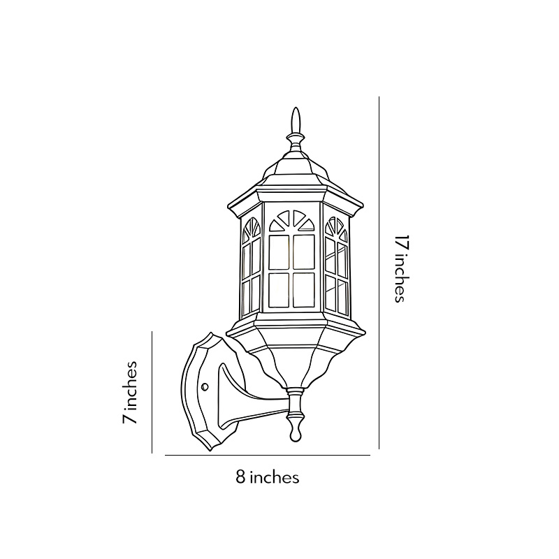 Two product dimension diagrams for a black outdoor lantern sconce.
