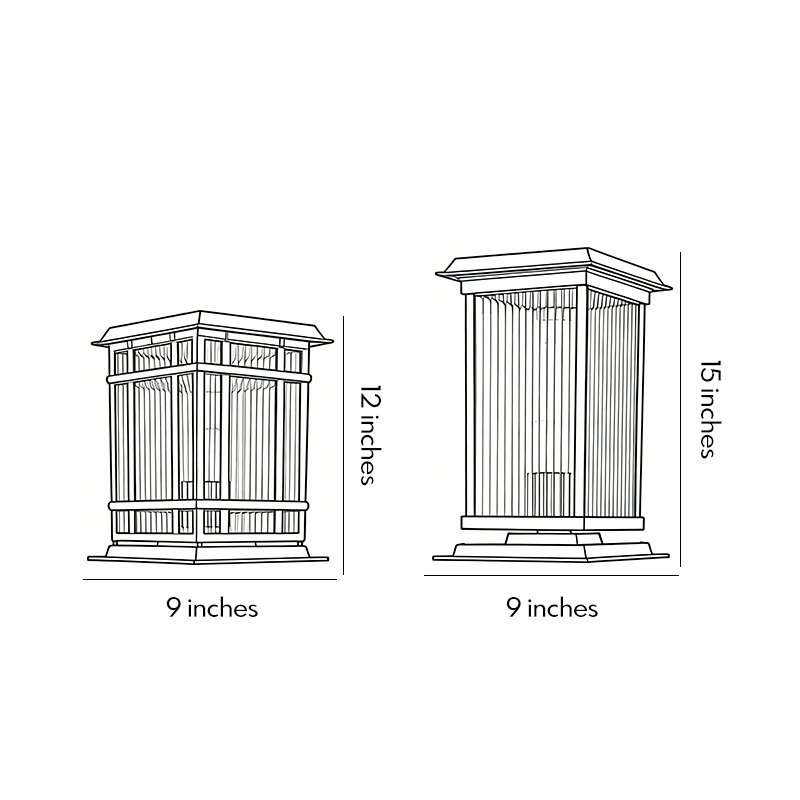 Two product dimension diagrams for solar pillar lights.