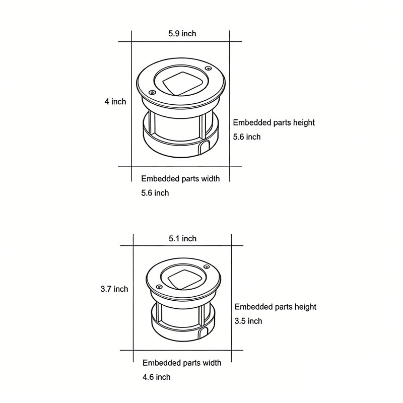 Two dimension drawings of recessed deck step lights.