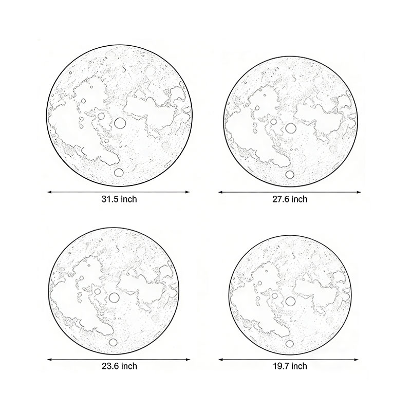 Dimensional drawings of four different sizes of the Moon wall lamp.