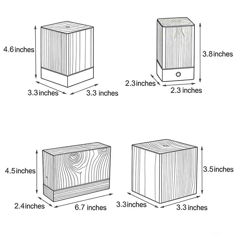 Dimensional drawings of four different sizes of the square wooden lamp.