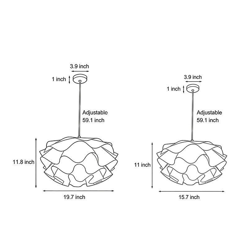 Two size diagrams for the lotus flower pendant light.
