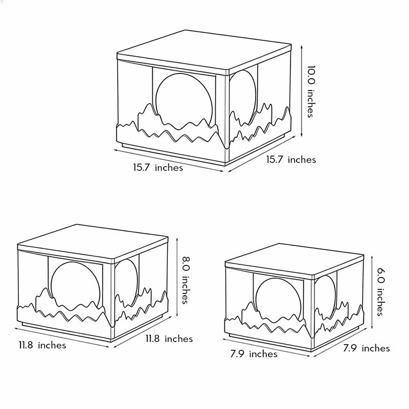 Three different size diagrams of the square outdoor pillar lights.