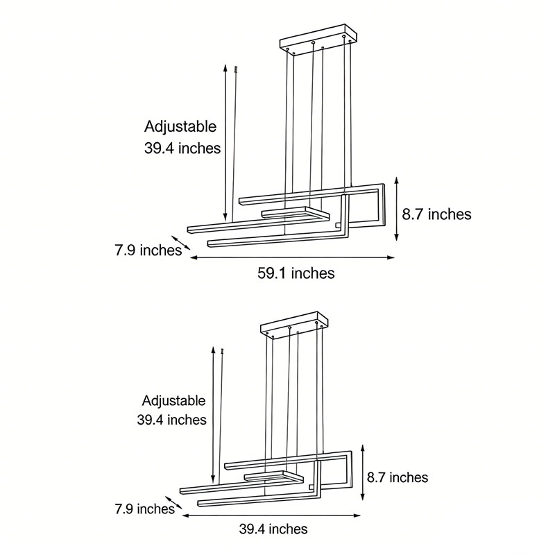 Dimensional drawings of two different sizes of a modern linear LED chandelier.