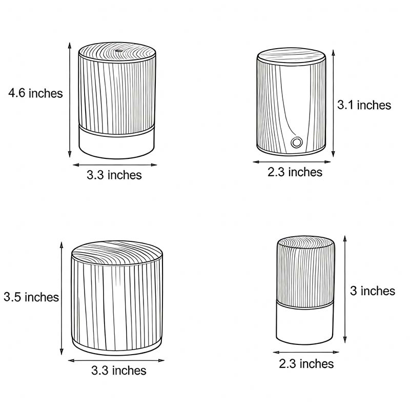 Dimensional drawings of four different sizes of the square wooden lamp.