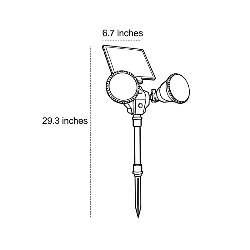 Product dimension diagrams for solar-powered garden spotlights 6.7inch*29.3inch.
