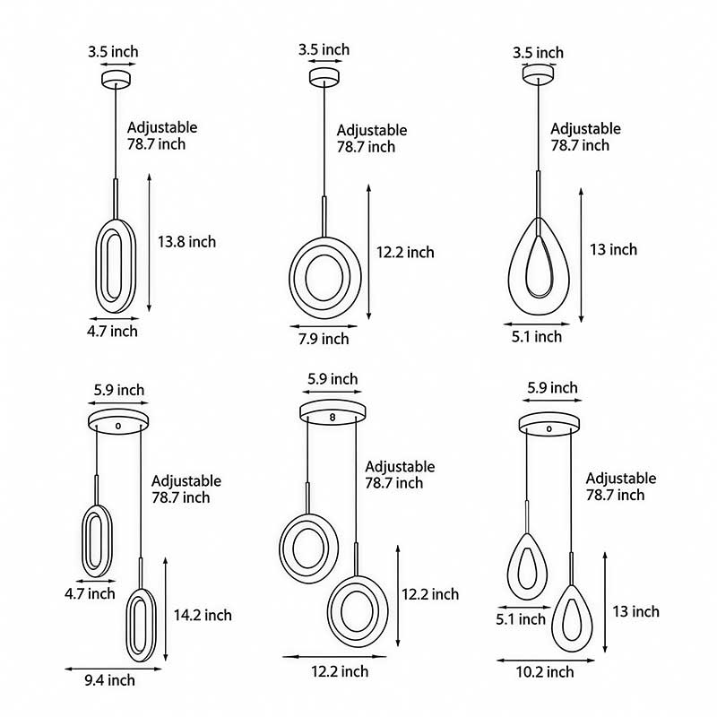 Six product size diagrams of the Unique pendant light