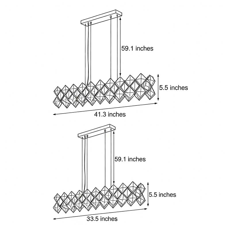 Dimensional drawings of two different sizes of modern luxury crystal room dining chandeliers.