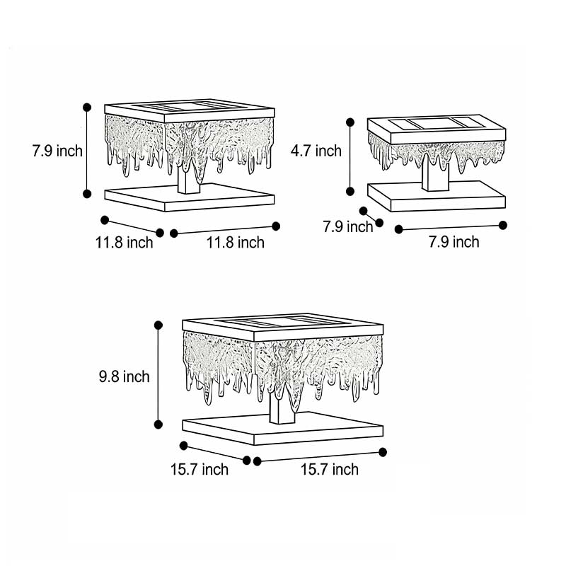 Dimensional drawings of three different sizes of fence pillar lights.
