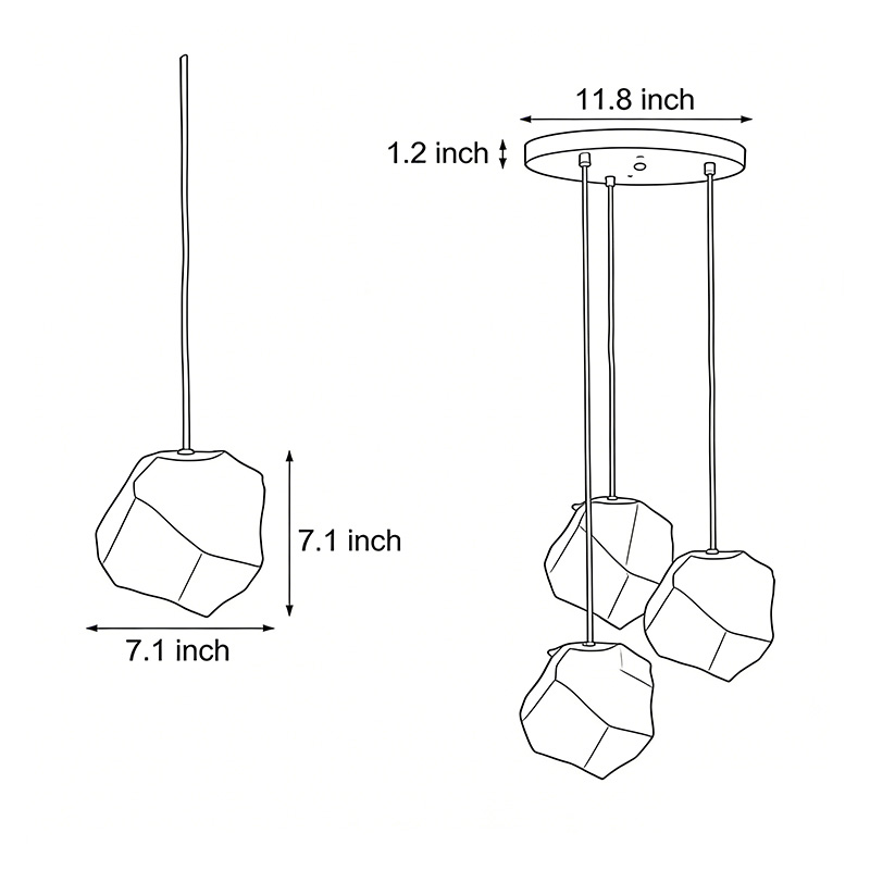 Dimensional drawings of two different sizes of the Molten rock pendant light.