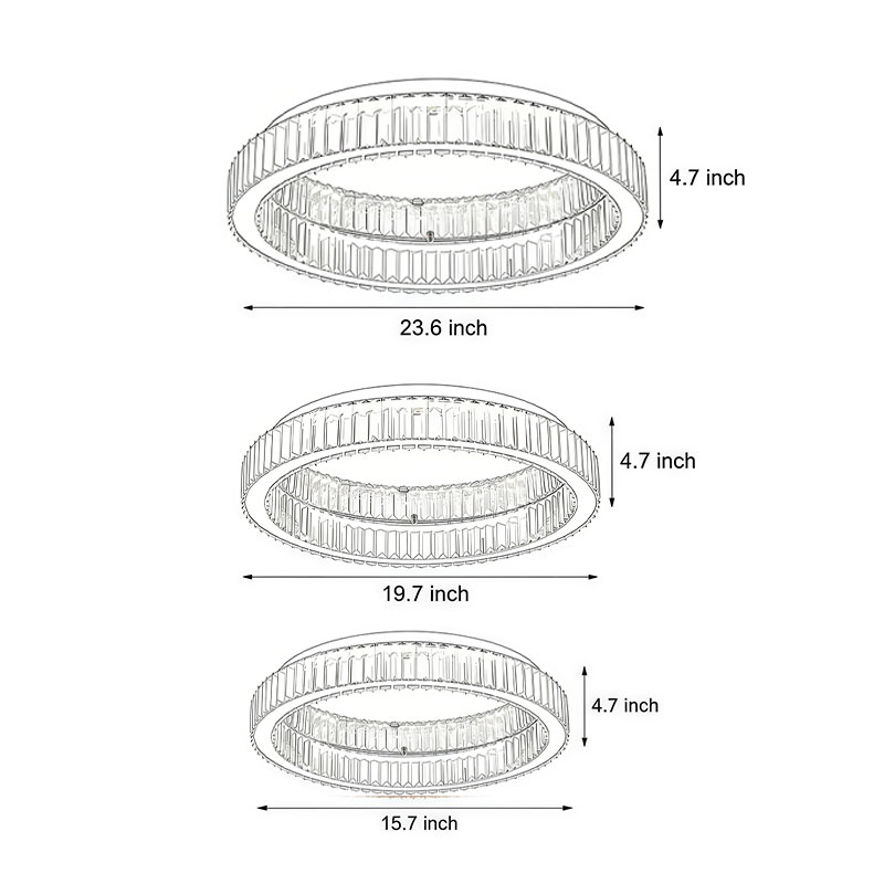 Three product specifications diagrams for the crystal ring ceiling light