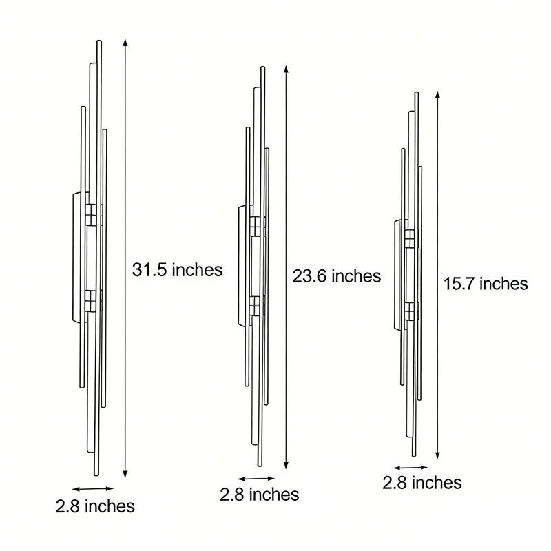 Three product specifications diagrams for the tube sconce