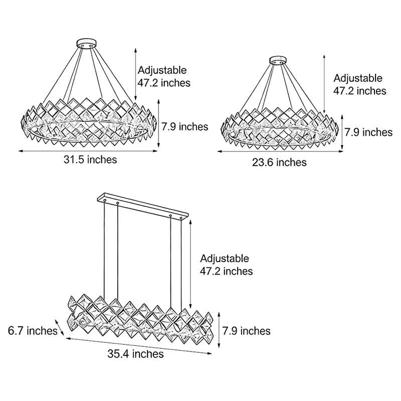 Dimensional drawings of three different sizes of the Luxury ring chandelier light.