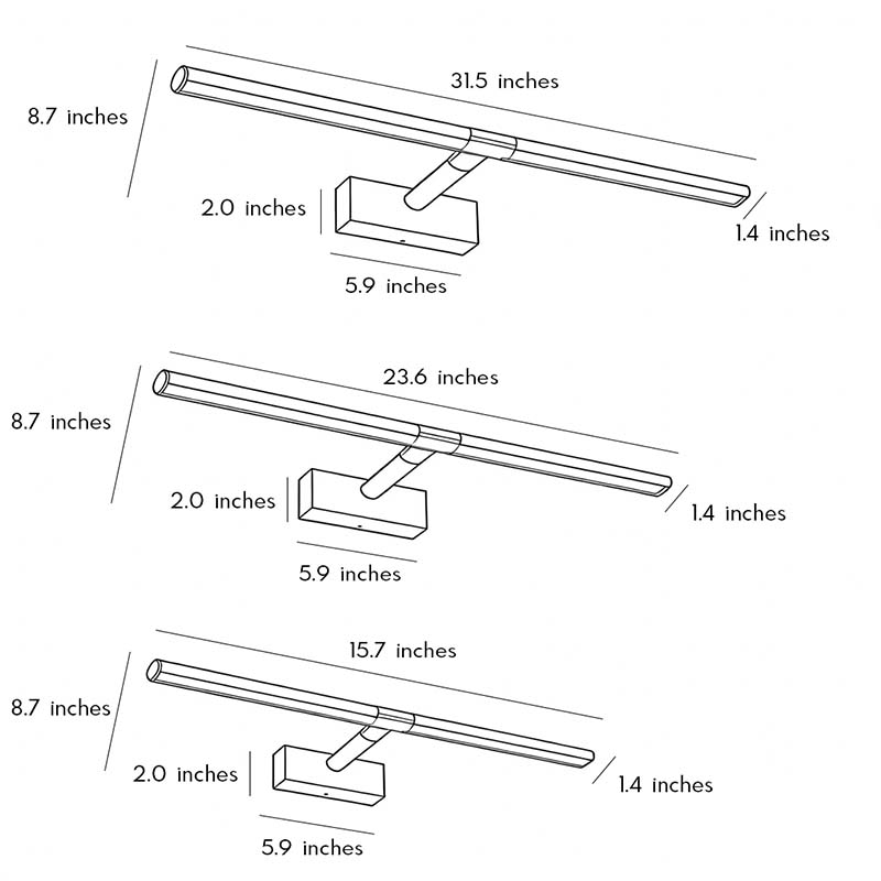 Three product specification diagrams for master bathroom vanity lights.