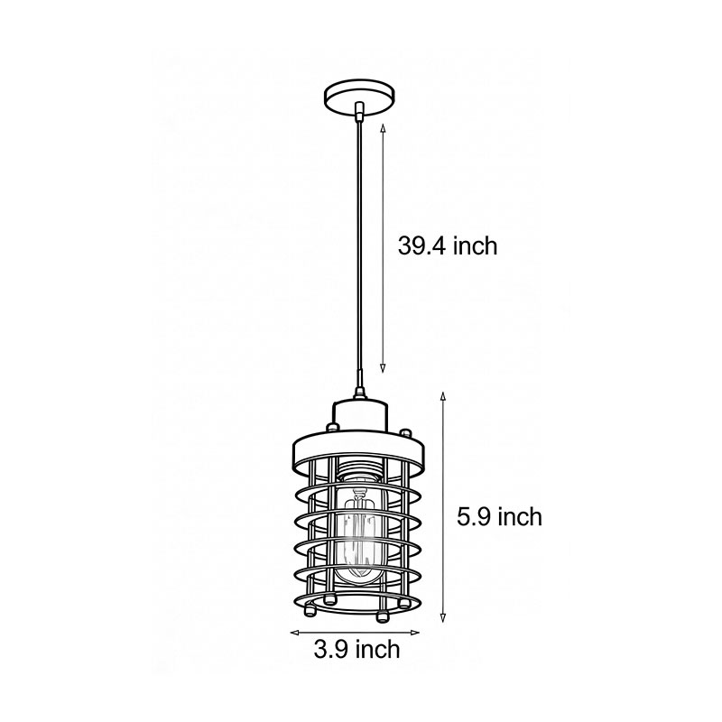 Product dimensions diagram for the industrial cage pendant light 5.9inch*39inch.