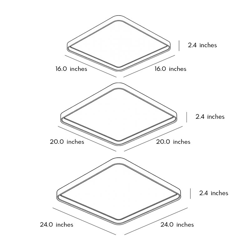 Three product specification diagrams of a square flush mount ceiling light.