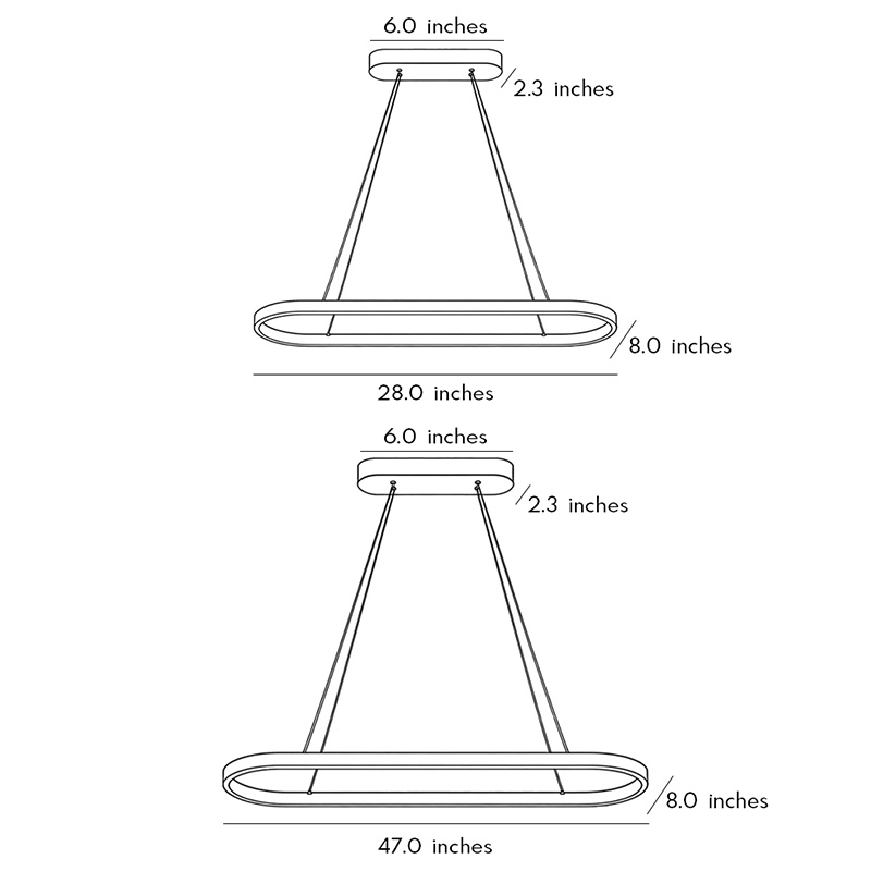 Product specifications diagrams for two models of the oval linear pendant light.