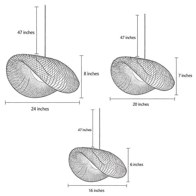 Specifications diagrams of the three models of the rattan wave pendant light.
