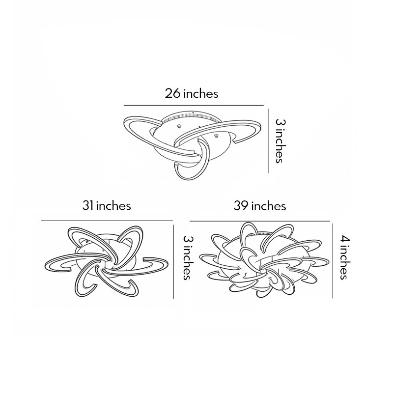 Dimensional drawings of three models of curved LED ceiling lights.