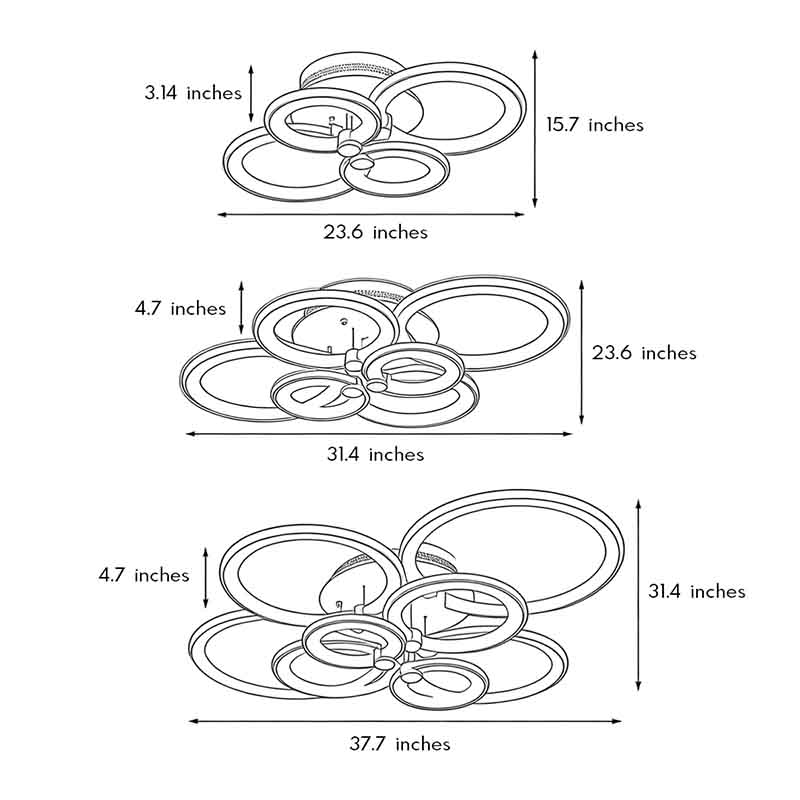 Dimensional drawings of three multi-ring ceiling light products.