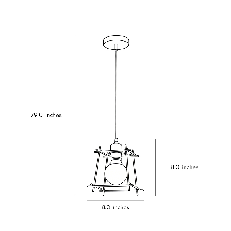 Dimensional drawing of the cage pendant light 79inchm, 8inch*8inch.