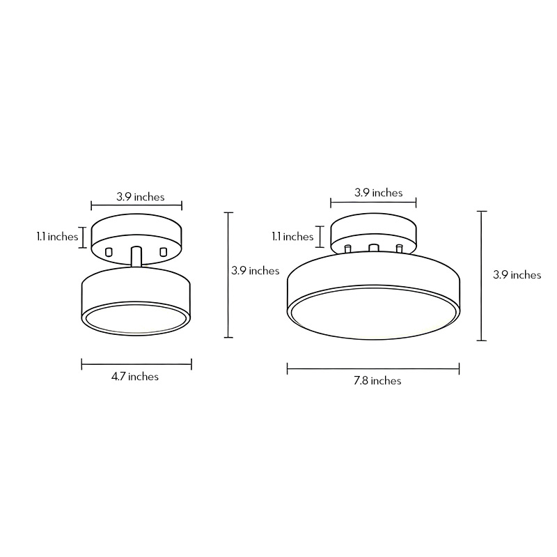 Dimensional drawings of two models of adjustable LED ceiling lights.