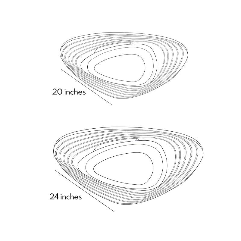 Dimensional drawings for two models of LED triangle ceiling lights.
