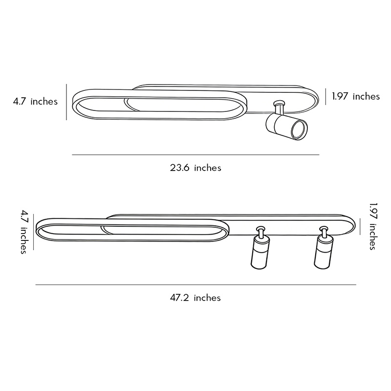Dimensional drawings of two adjustable spotlight products for ceilings.
