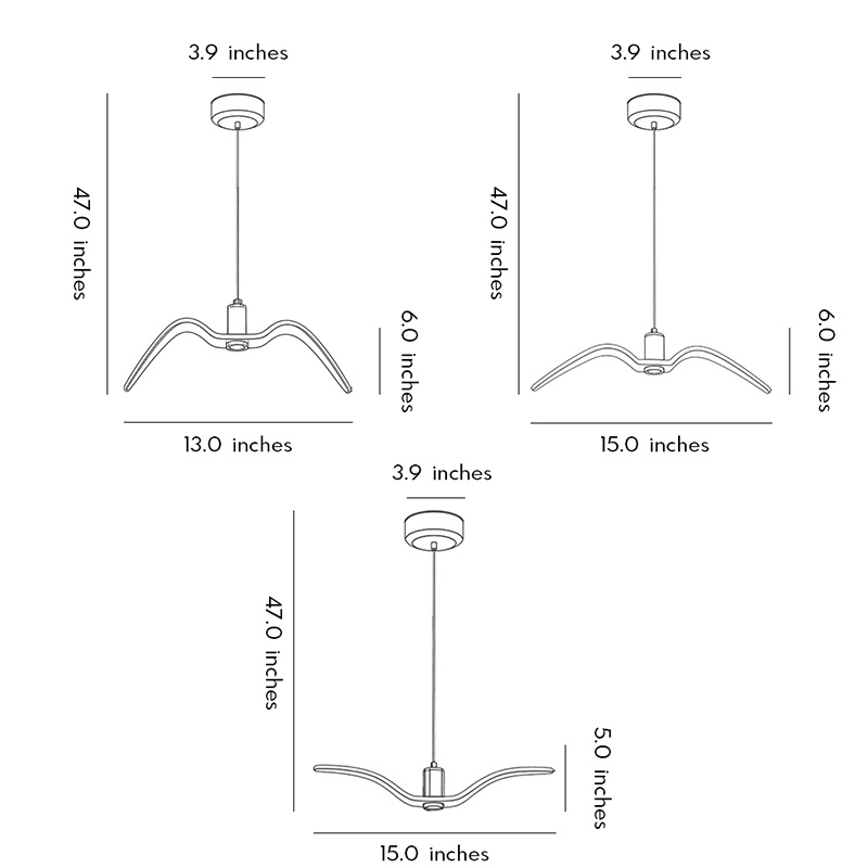 Dimensional drawings of three Wing pendant light products.