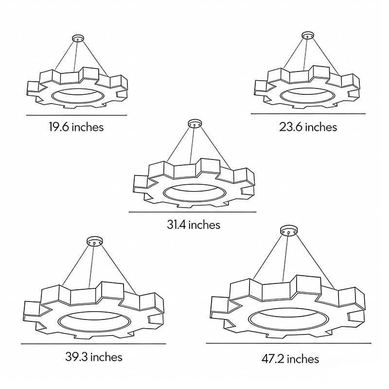Five product size diagrams for the black modern chandelier.