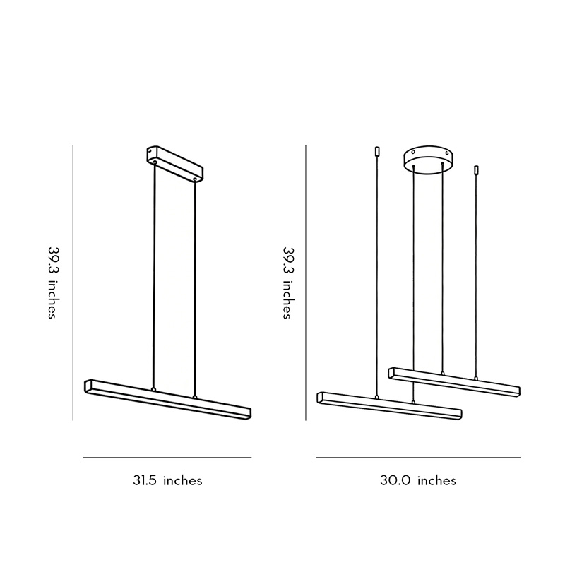 Dimensional drawings for two models of linear pendant light fixtures.