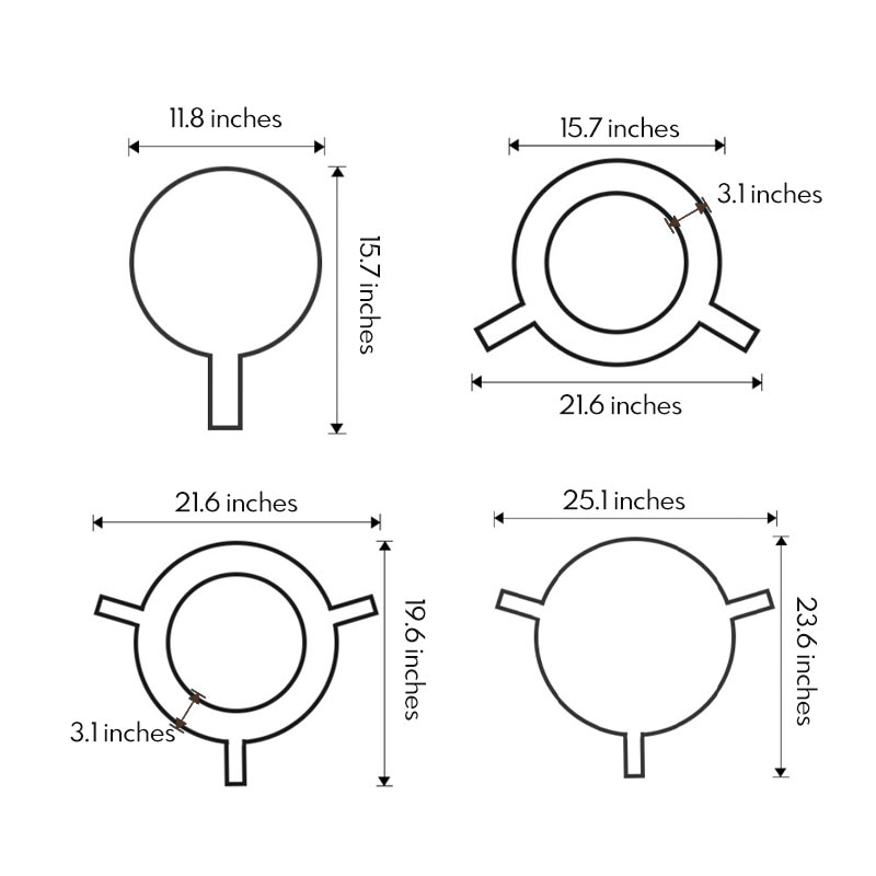 Dimensions of four different modern LED chandelier models.