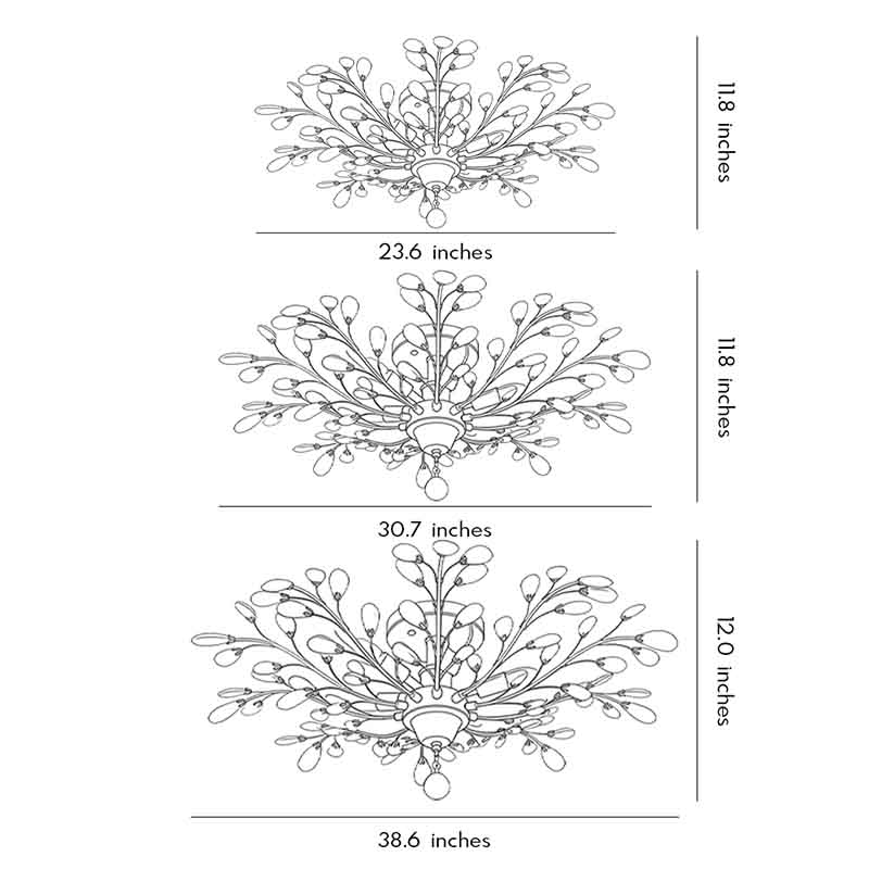 Dimensional drawings for three models of crystal branch chandeliers.