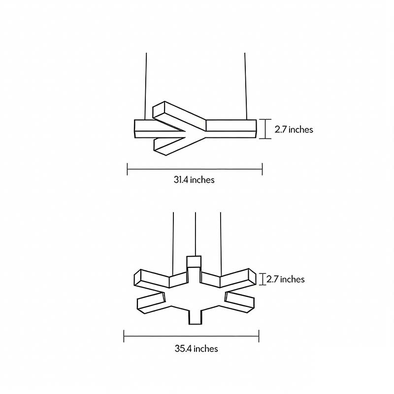 Dimensional drawings of two models of modern industrial chandeliers.
