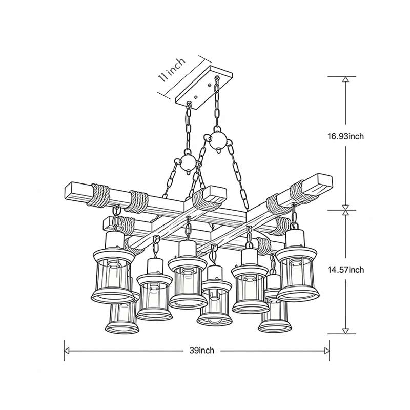 Product size diagram of rustic wood chandelier 39inch * 14.57.