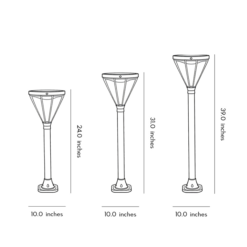 Dimensional drawings for three models of solar-powered lawn lights.