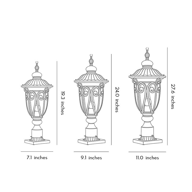 Three product dimension diagrams for black outdoor pillar lights.