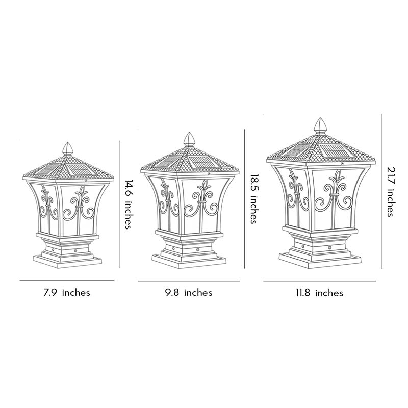Dimensional drawings of three models of pillar lantern lights.