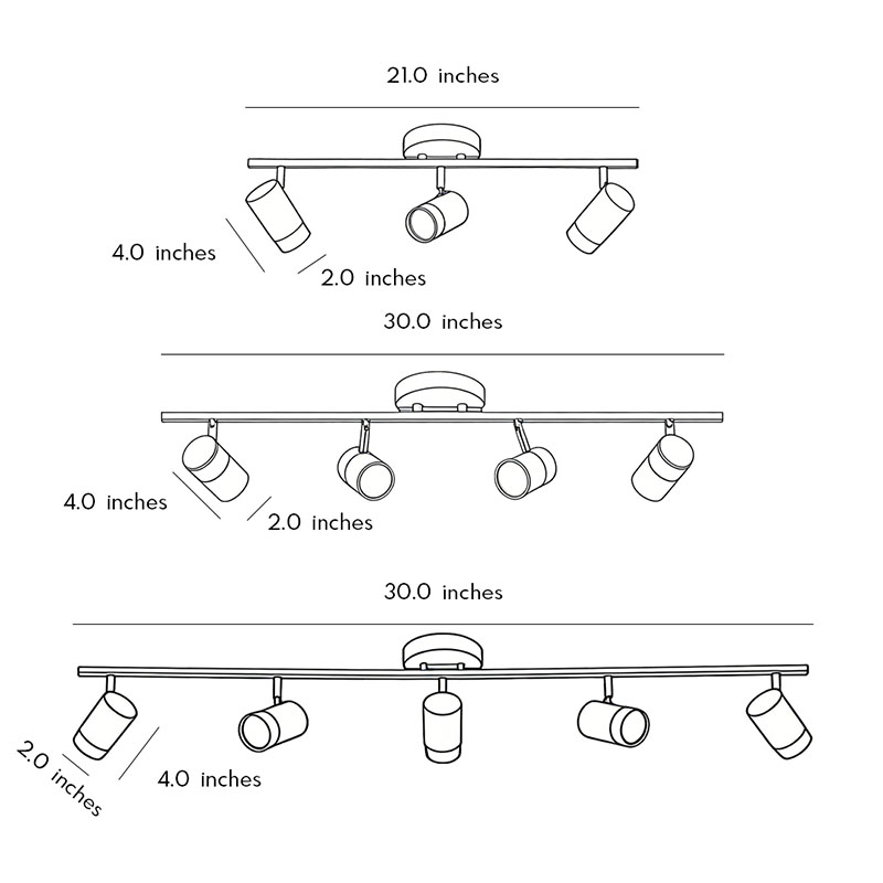 Dimensional drawings of three LED ceiling track spotlight products.