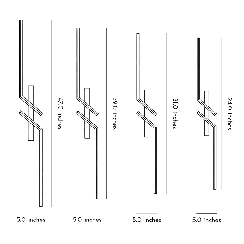 Dimensional drawings of four models of geometric wall sconces.